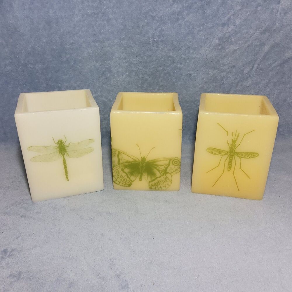 (3) Handcrafted Botanical Insect Square Pillar Candles Dragonfly Moth Mosquito